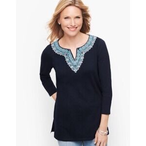 Talbots Women's Navy Embroidered Split Neck 3/4 Sleeve Cotton Top Size XS Petite